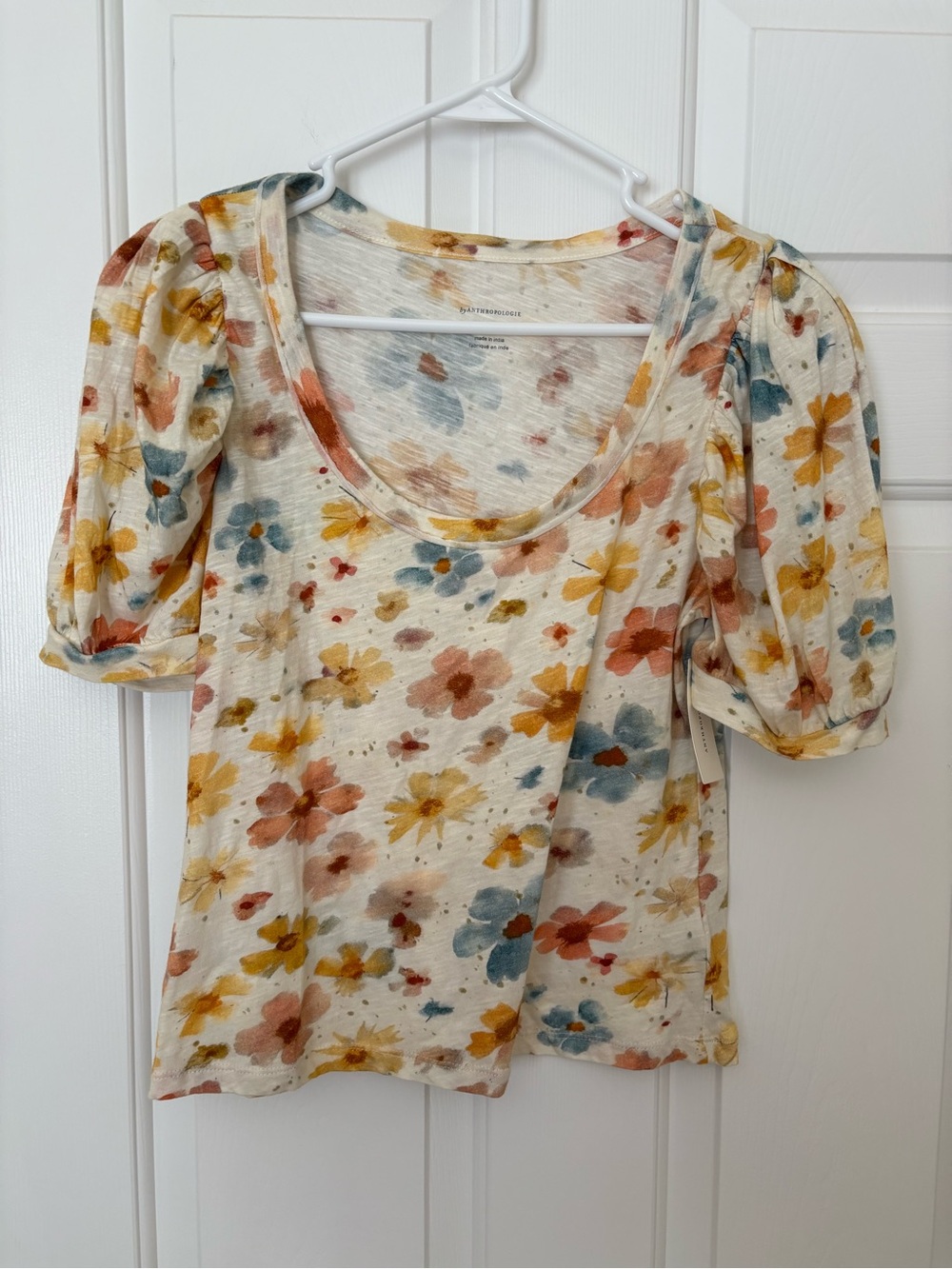 Anthropologie Floral Puff-Sleeve Scoop Top Size Small 100% Cotton NWT